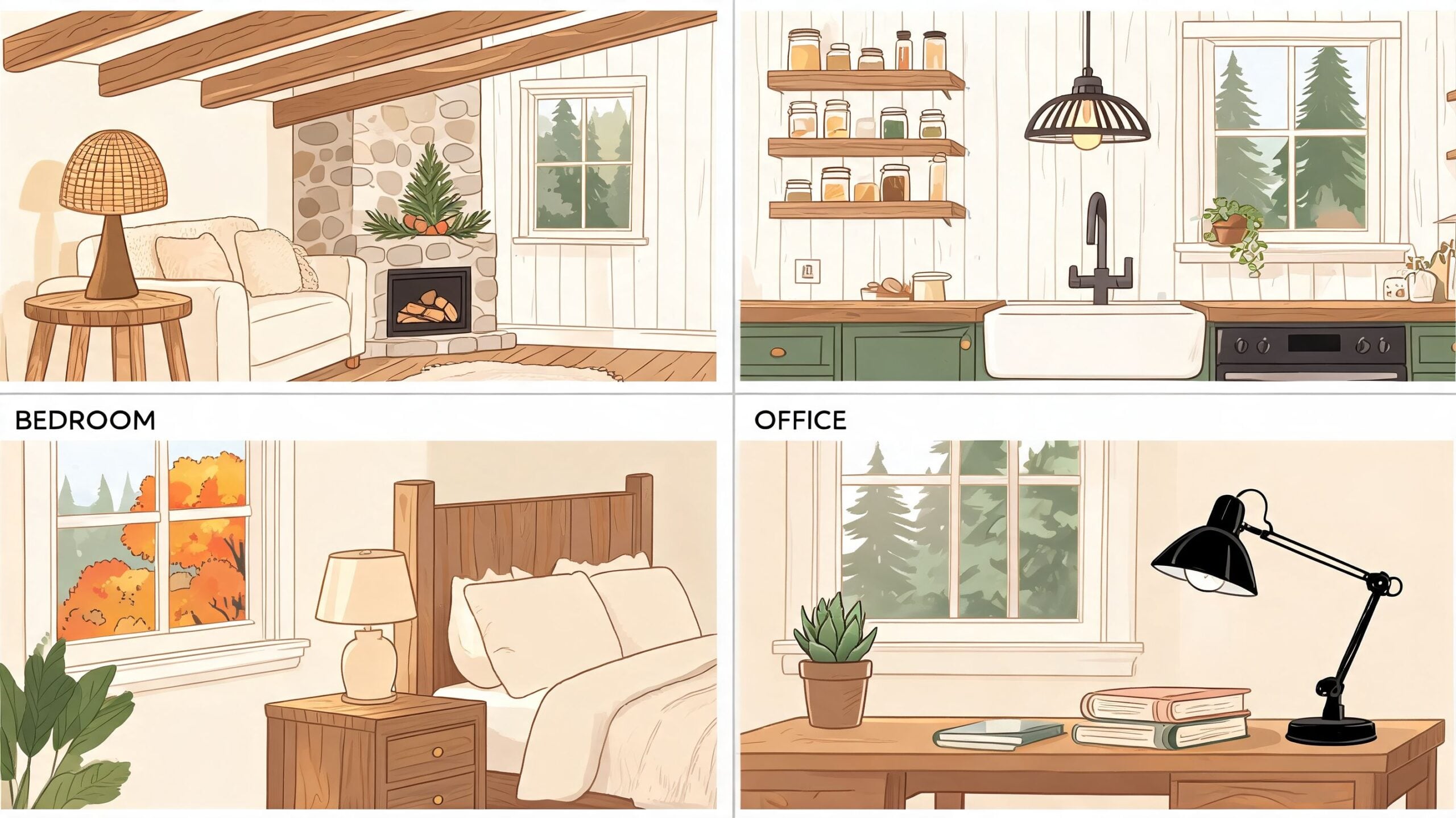 A collage showing interior design styles for four rooms featuring various lighting and different types of lamp shades.