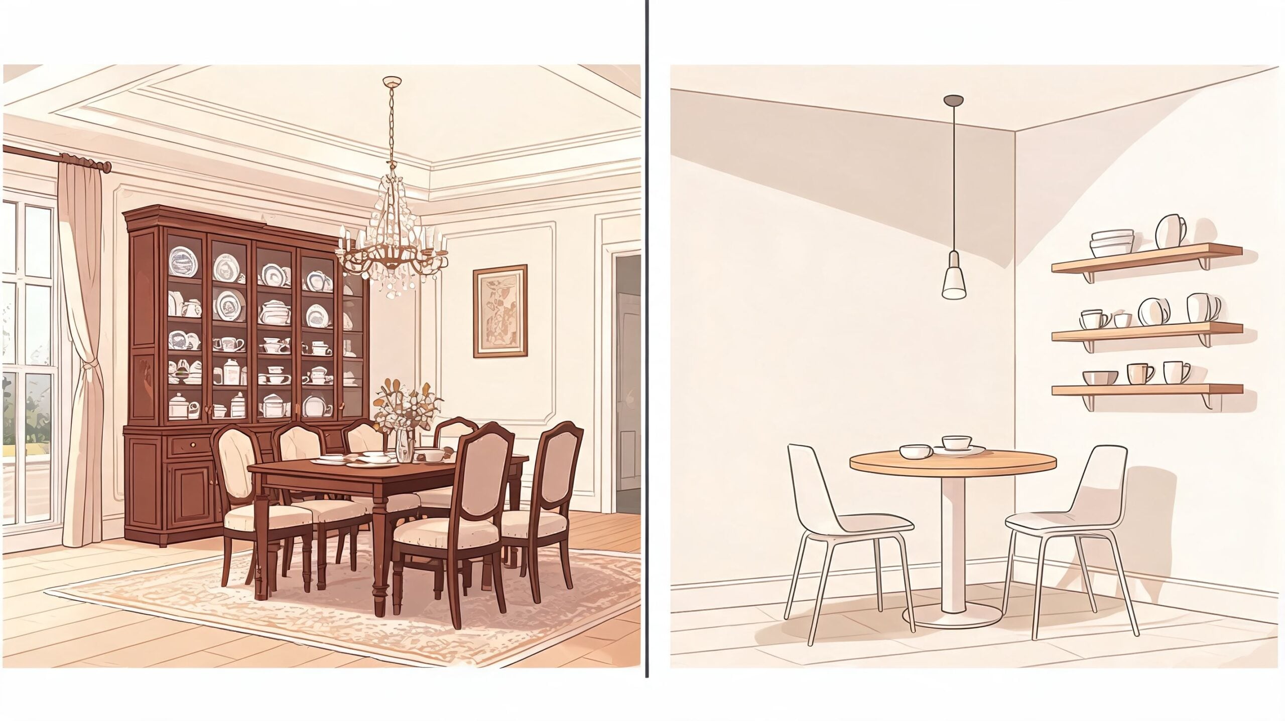 A side-by-side comparison featuring a formal dining room with a china cabinet and a minimalist breakfast nook.