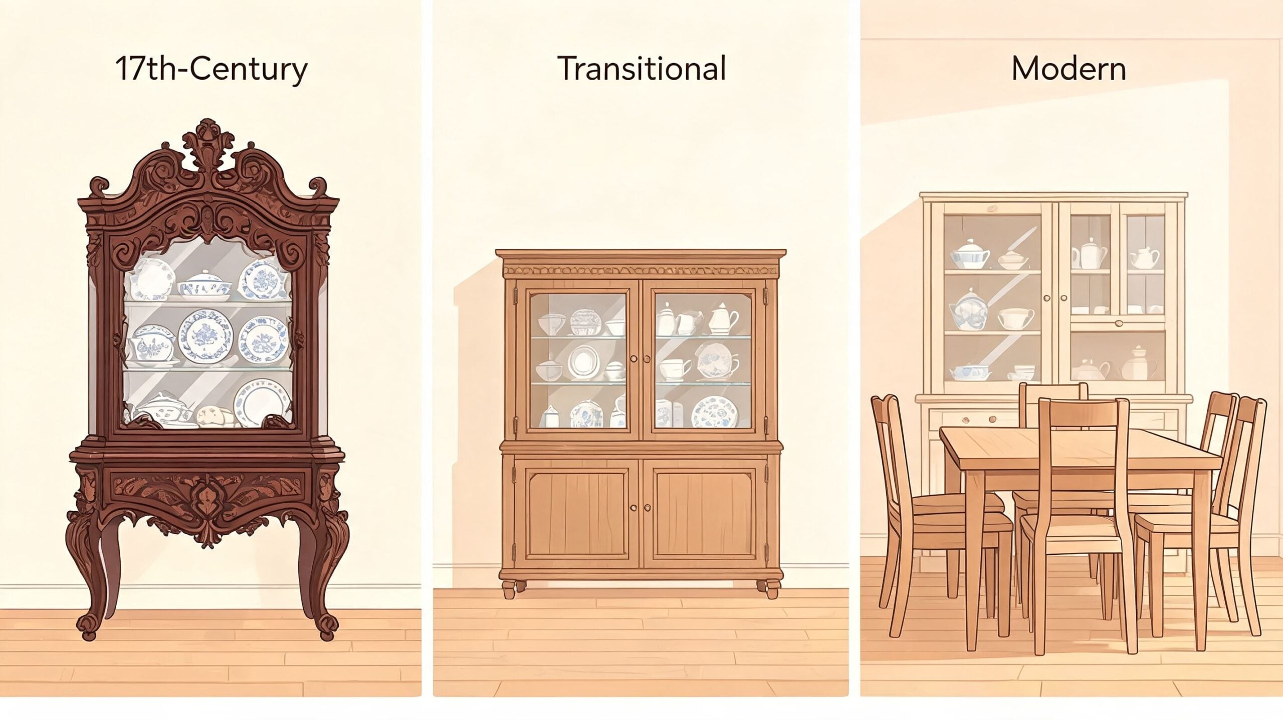 Three different styles of wooden china cabinets representing 17th-century, transitional, and modern furniture design eras.