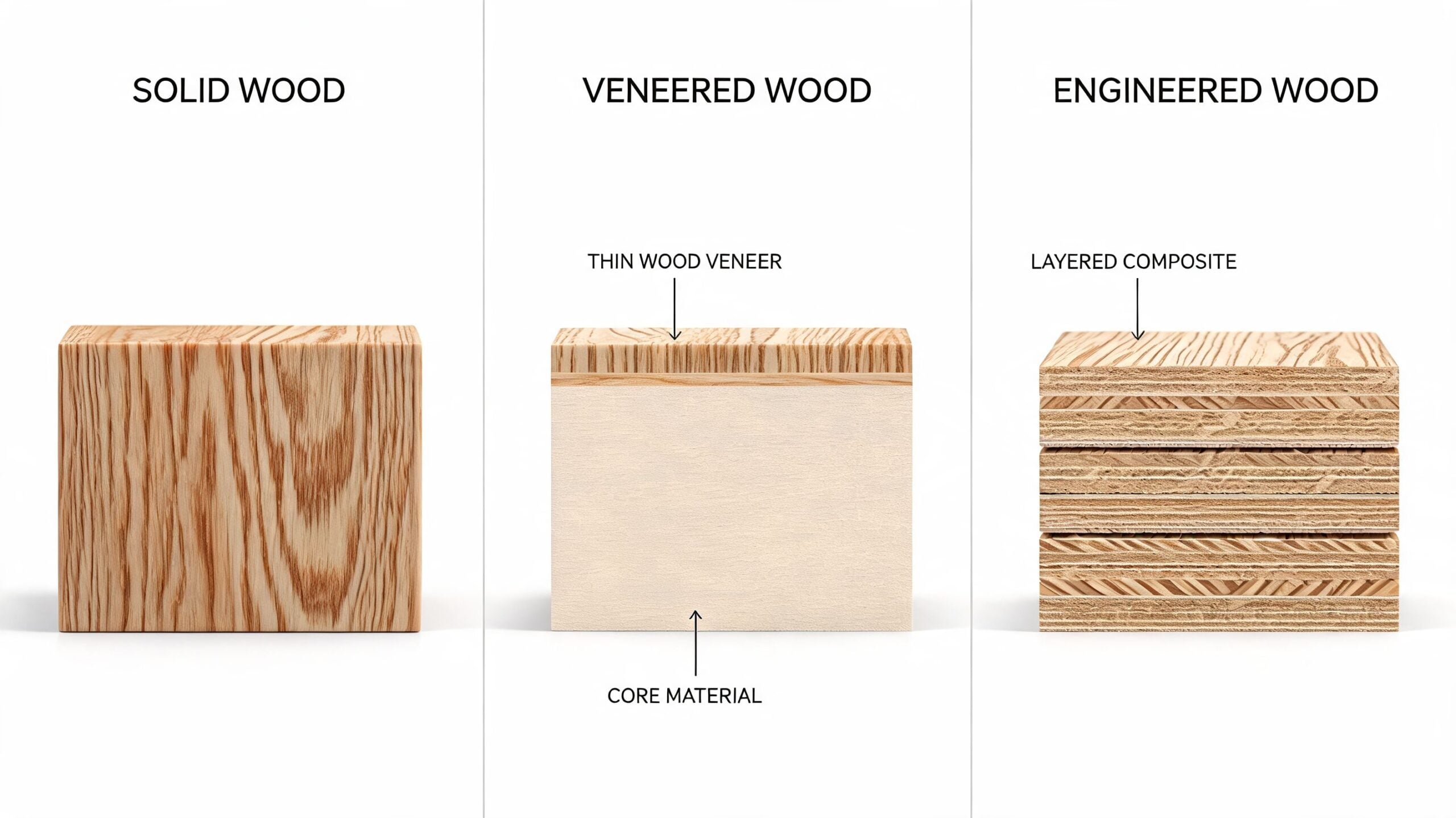 A comparison illustration showing the internal structure of solid, veneered, and engineered wood types side-by-side.