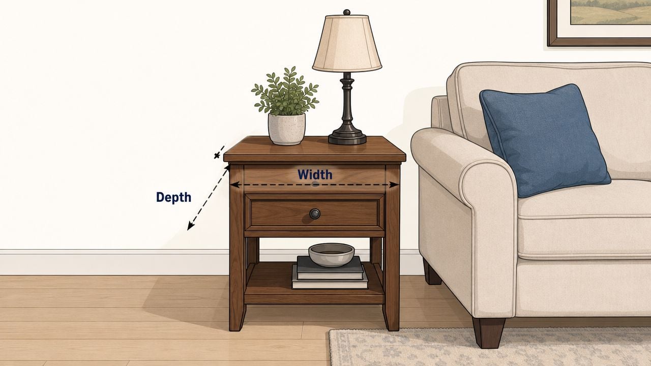 A wooden end table next to a sofa with labels indicating its width and depth dimensions.