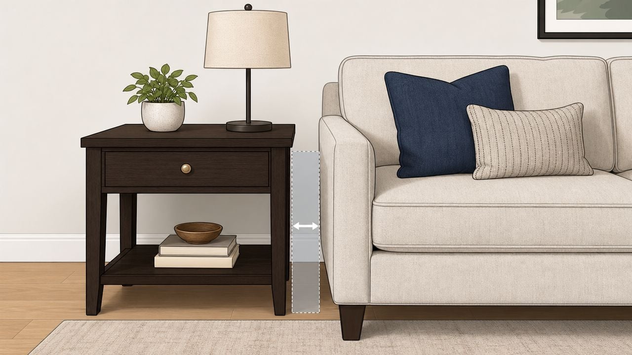 A diagram demonstrating the measurement of space between a dark wood end table and a beige sofa.