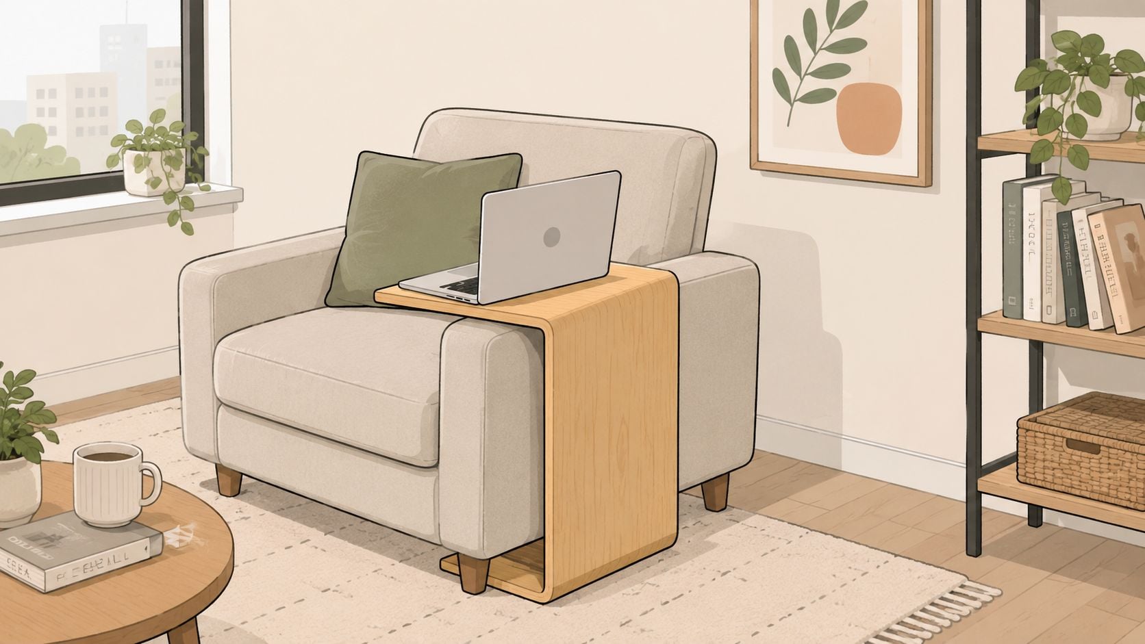 A modern light wood C-shaped end table sits over a comfortable beige armchair holding a laptop.