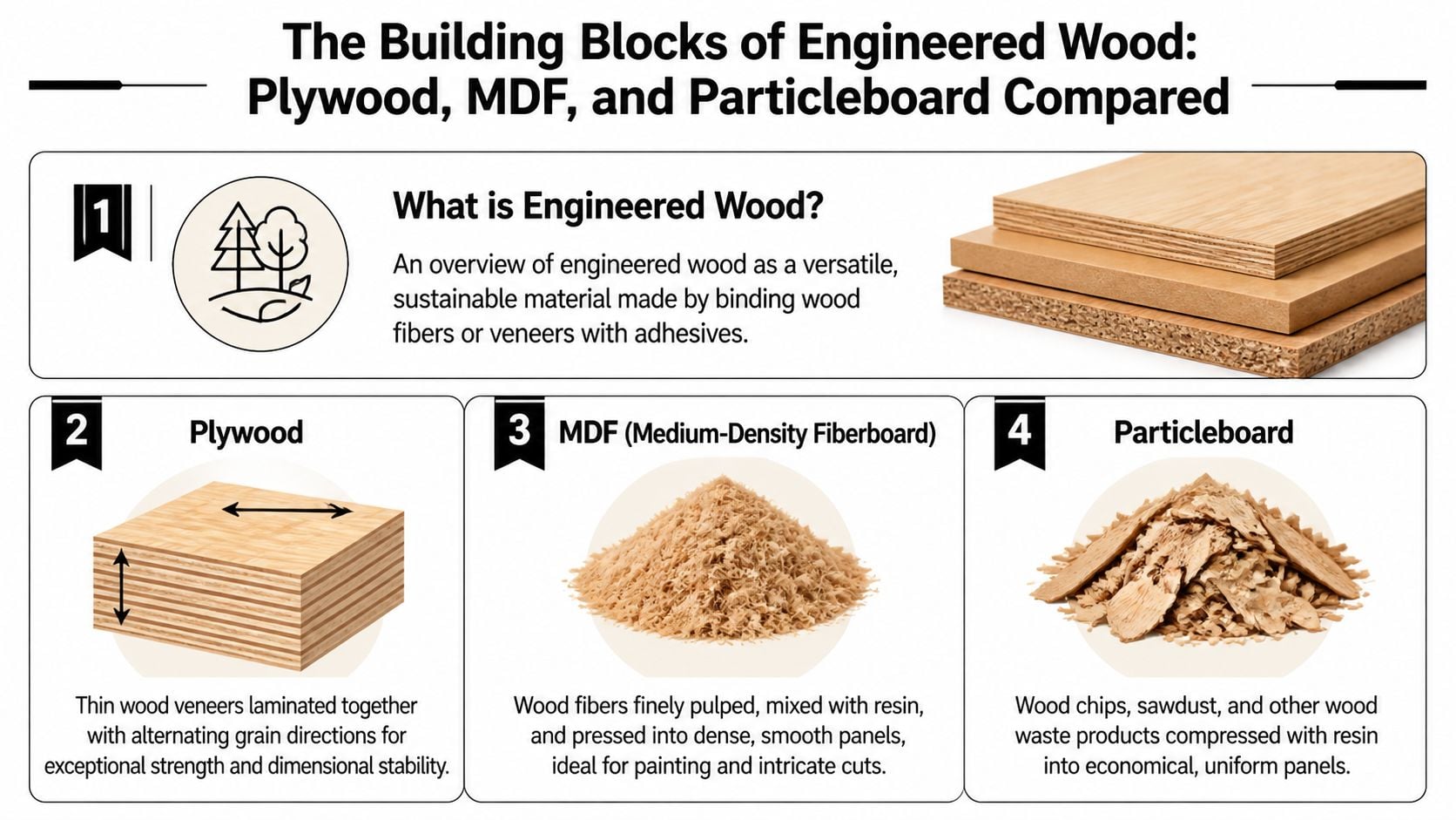 A visual guide comparing the structure and composition of plywood, MDF, and particleboard engineered wood products.