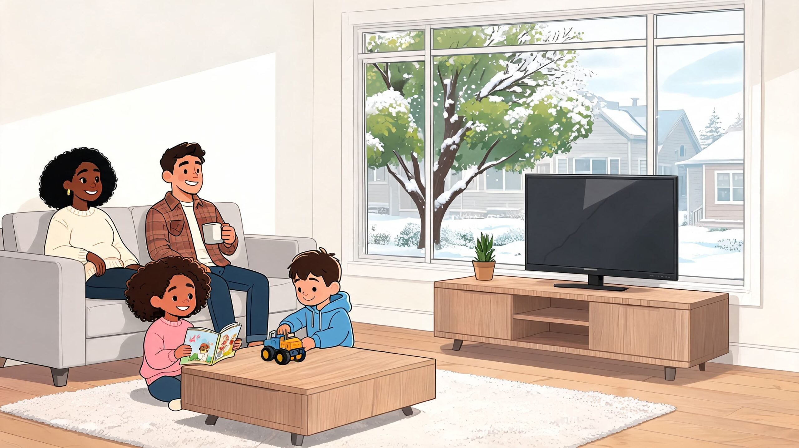 A diverse family relaxing in a cozy living room featuring light-colored engineered wood furniture and snowy views.