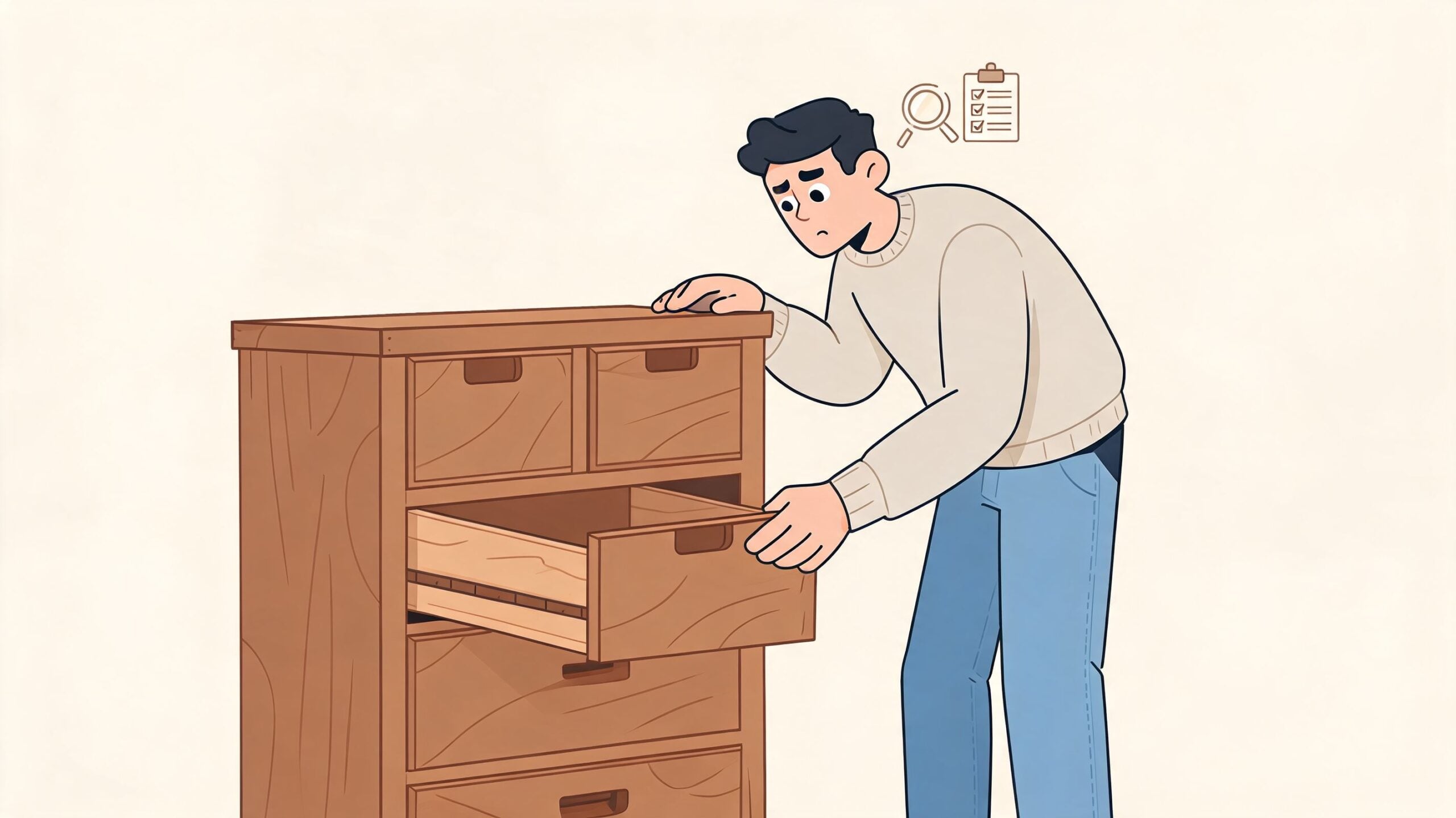 A confused man looking into an open drawer of an engineered wood cabinet, searching for something.