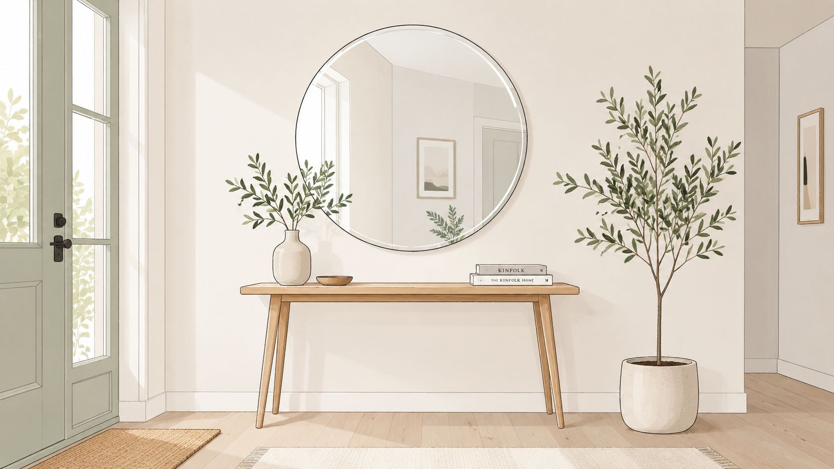 A modern minimalist entryway with a round mirror, wooden console table, potted plant, and light decor accents.