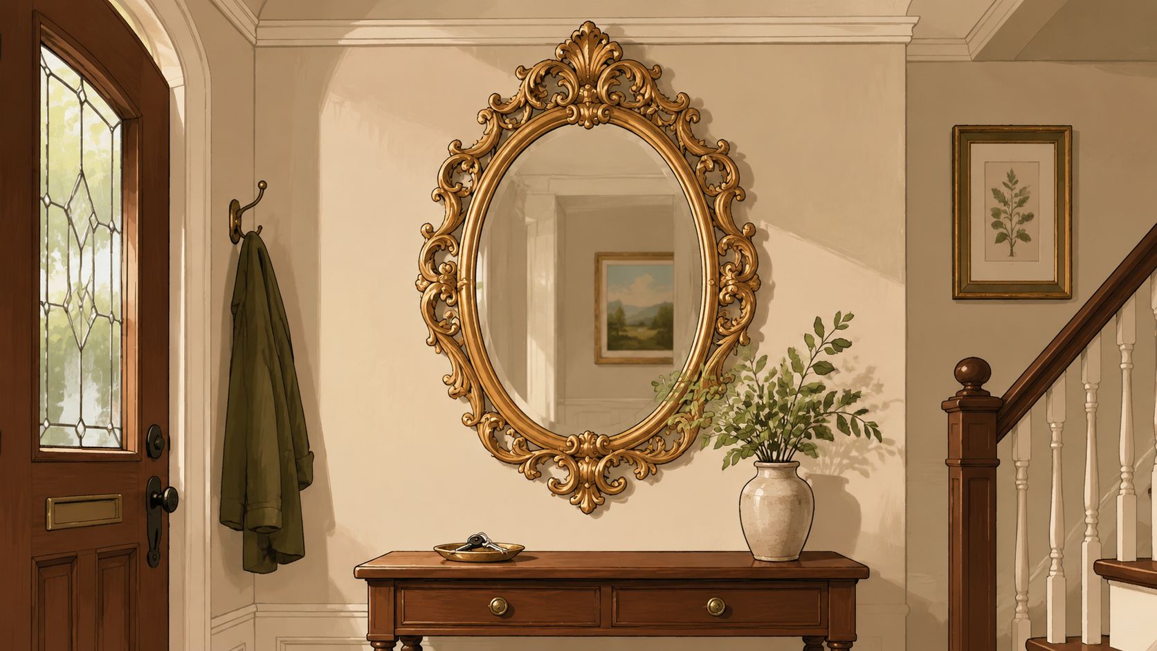 A sophisticated entryway featuring a golden ornate oval mirror hung above a dark wooden console table.