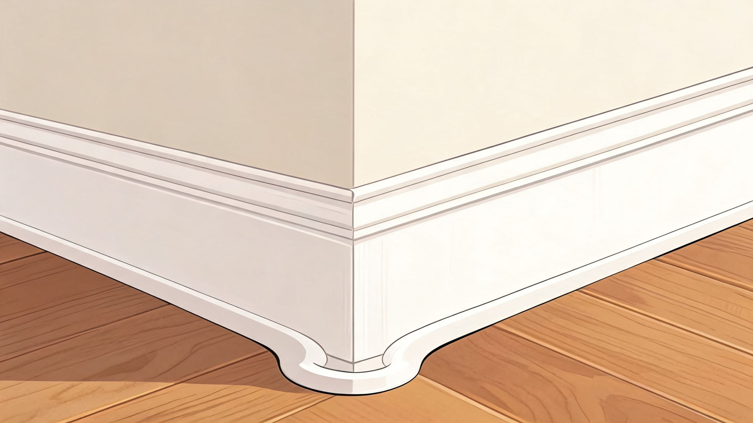 A close-up view of a decorative white corner block installed at the base of a wall.