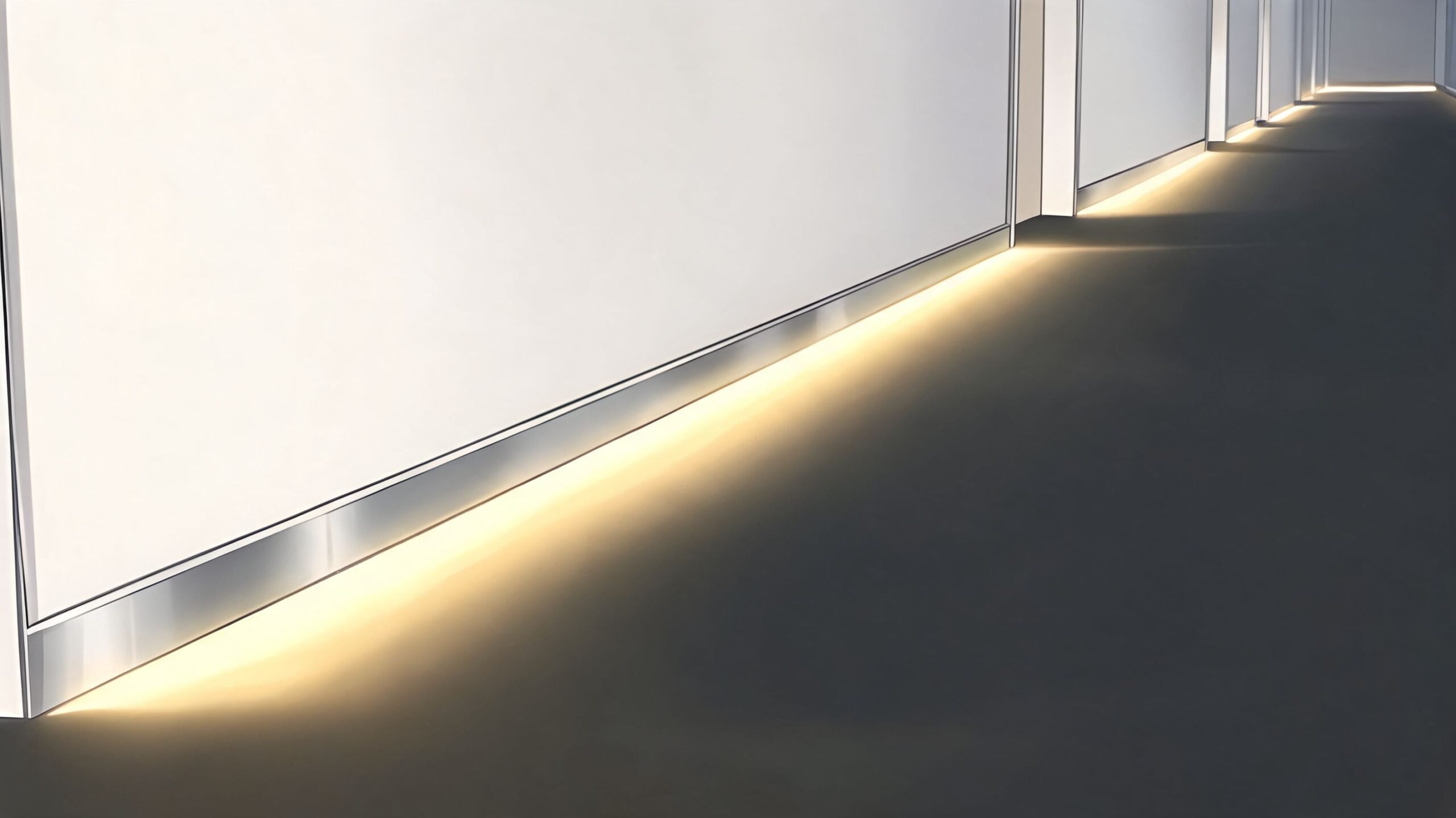 A modern corridor featuring sleek wall panels and warm, glowing LED strip lighting along the baseboard.