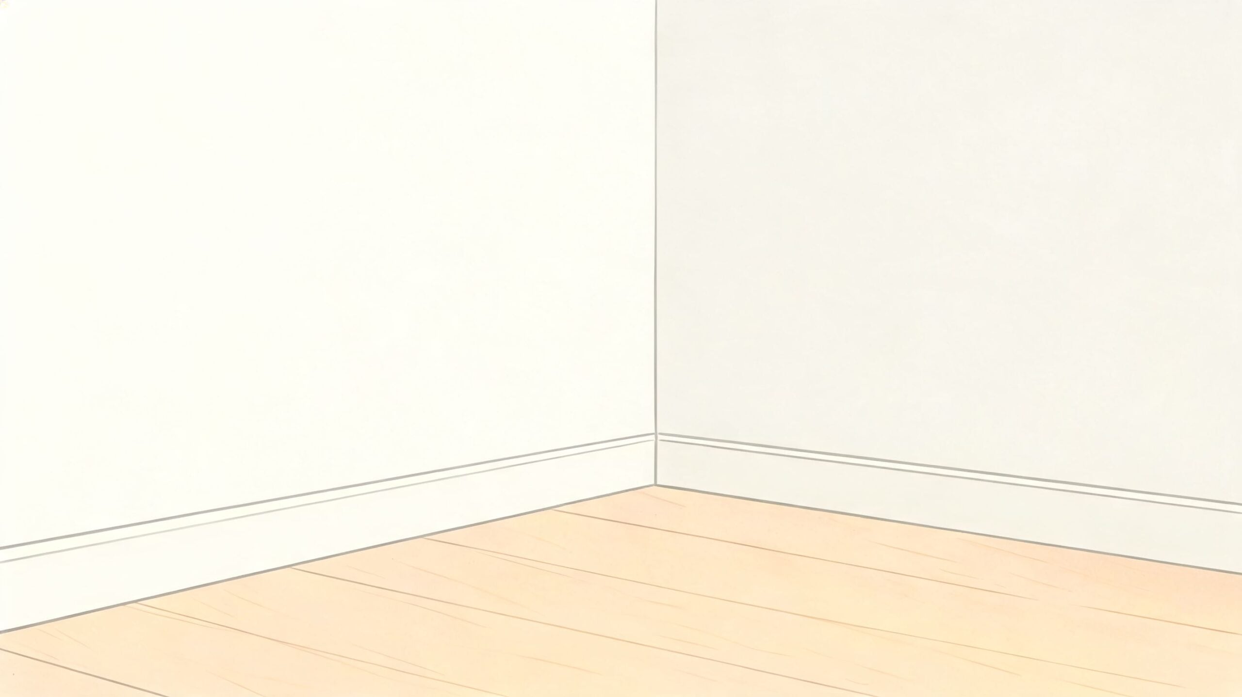 An empty corner of a room featuring light wooden flooring and minimalist white walls with baseboard trim.