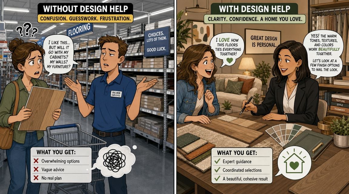 A comparison illustration showing a confused customer in a flooring store versus a confident client with a designer.