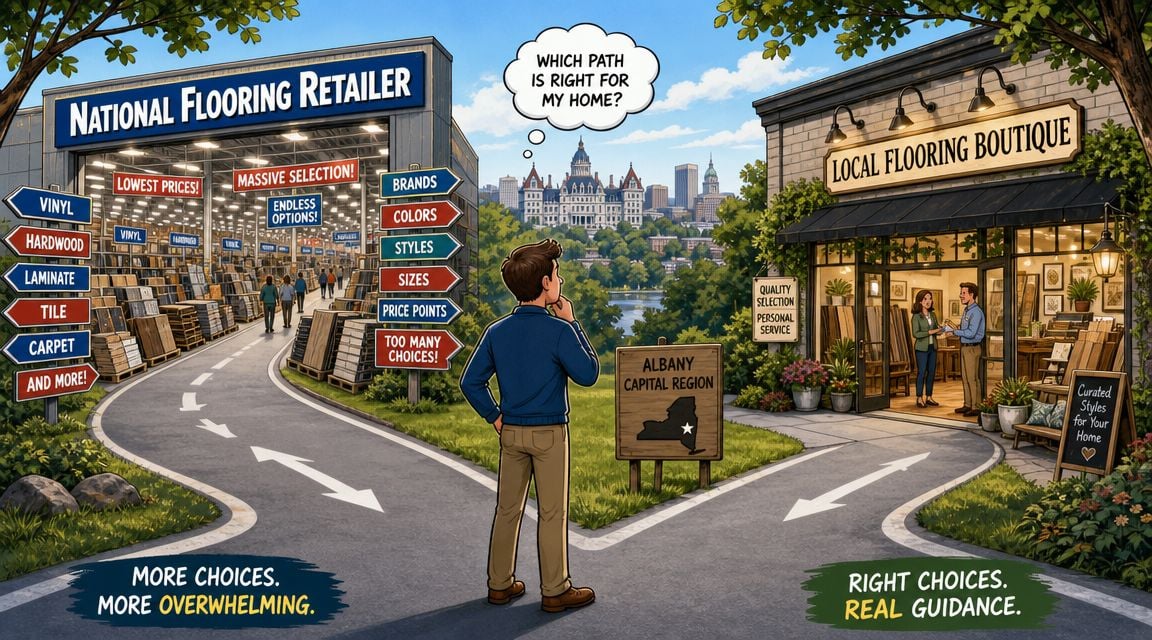 A person standing at a fork in the road choosing between a large national flooring retailer and a boutique shop.