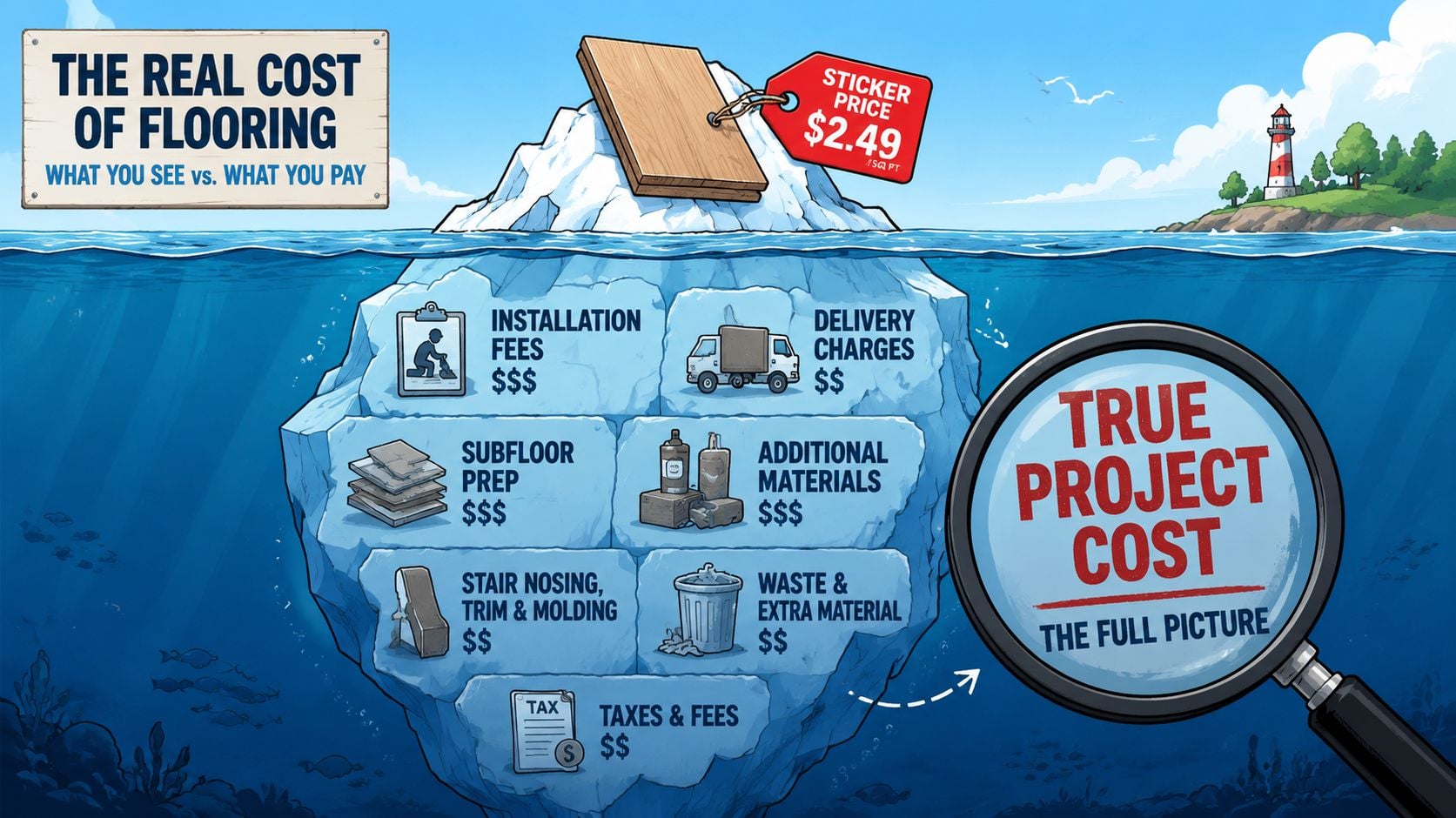 An infographic illustrating that the true cost of flooring includes hidden expenses beneath the sticker price.