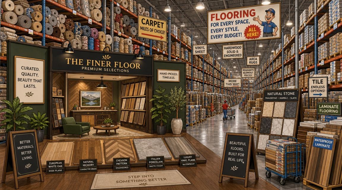 A wide interior view of a professional flooring retail store showroom featuring various samples and displays.
