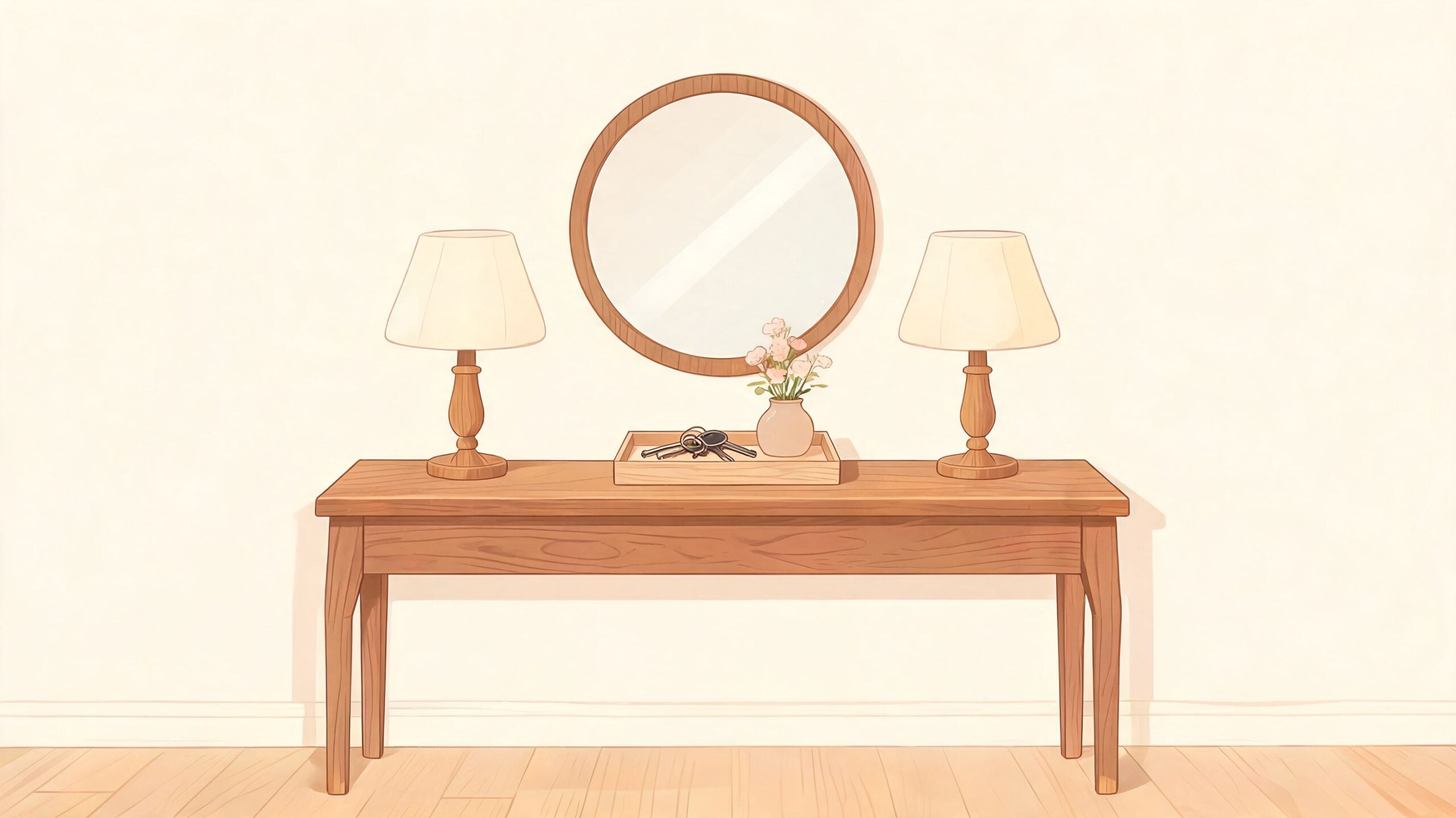 A minimalist wooden console table in a foyer featuring lamps, a mirror, and a decorative key tray.