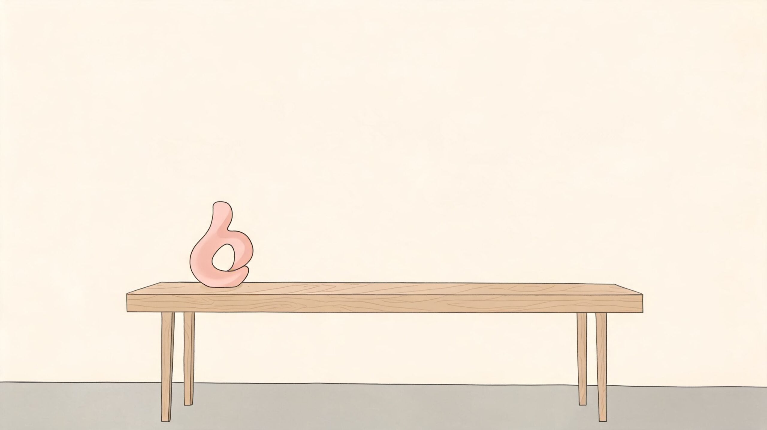 A minimalist light wood bench sits against a plain wall featuring an abstract pink sculpture on top.