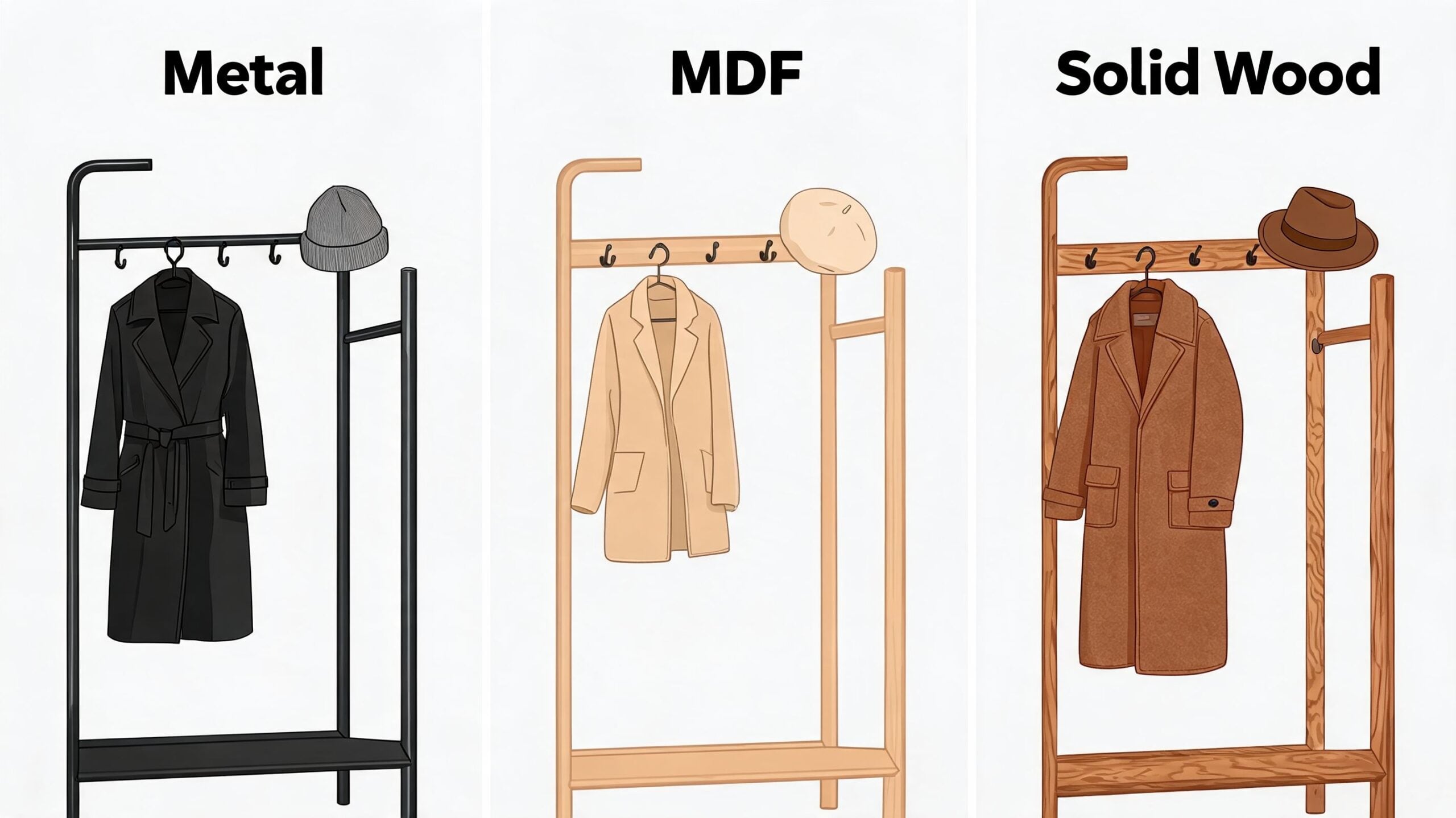 Three different coat rack designs made of metal, MDF, and solid wood displayed side by side.