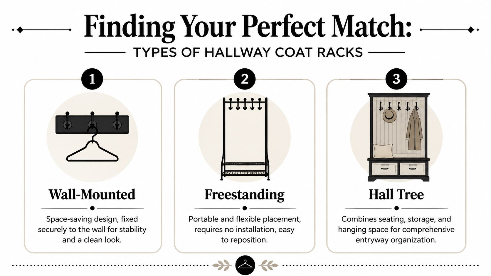 An infographic detailing three types of hallway coat racks: wall-mounted, freestanding, and hall tree organizers.