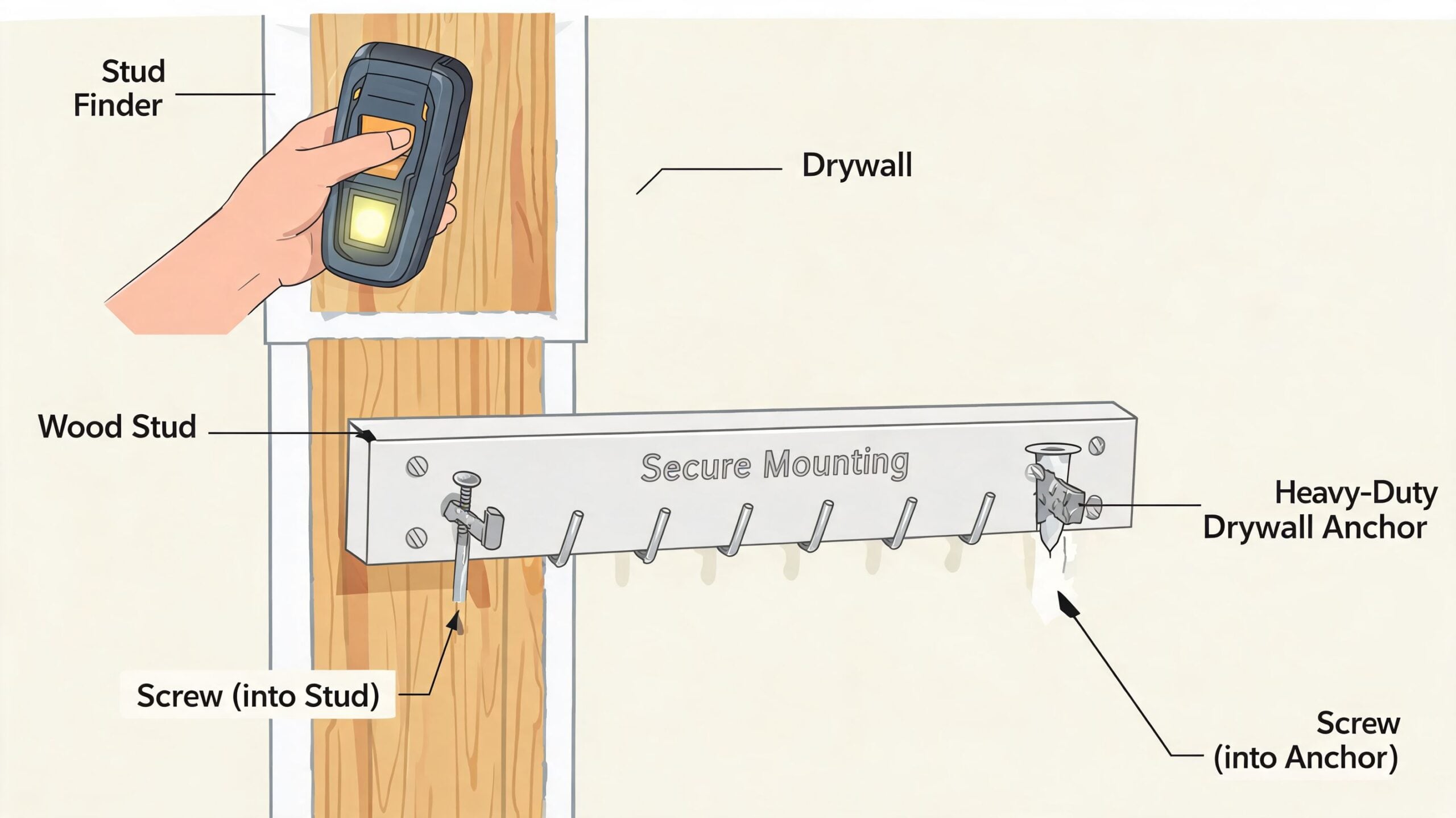 A diagram illustrating the secure installation of a wall-mounted hook rack into a stud and drywall.
