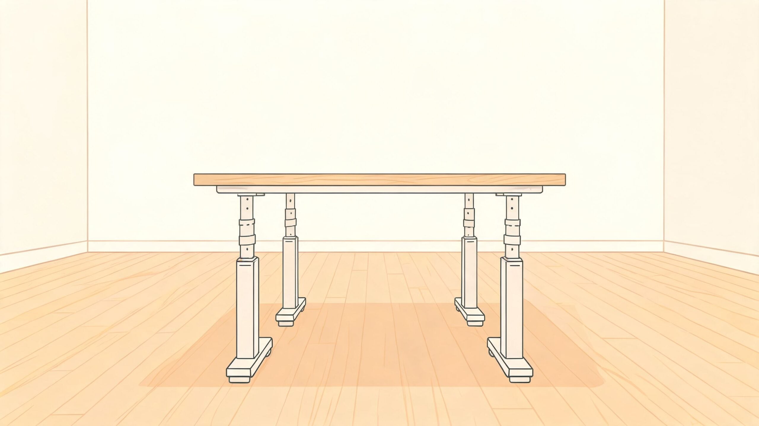 A minimalist, illustrated adjustable standing desk centered in an empty room with light hardwood flooring.