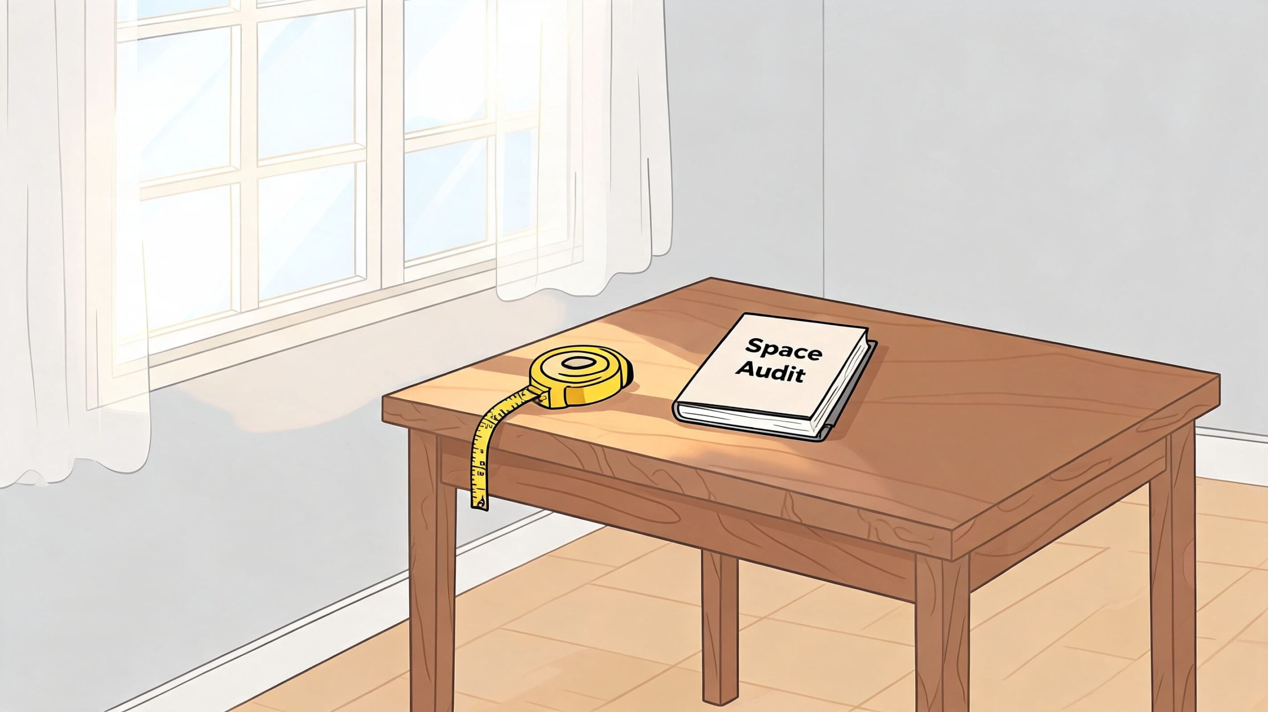 A wooden table sits in front of a bright window with a tape measure and a book.