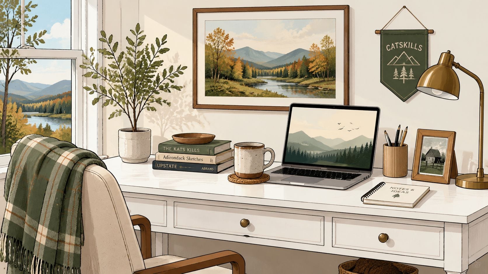 A cozy white home office desk with a laptop, plant, books, and autumn-themed decor by a window.