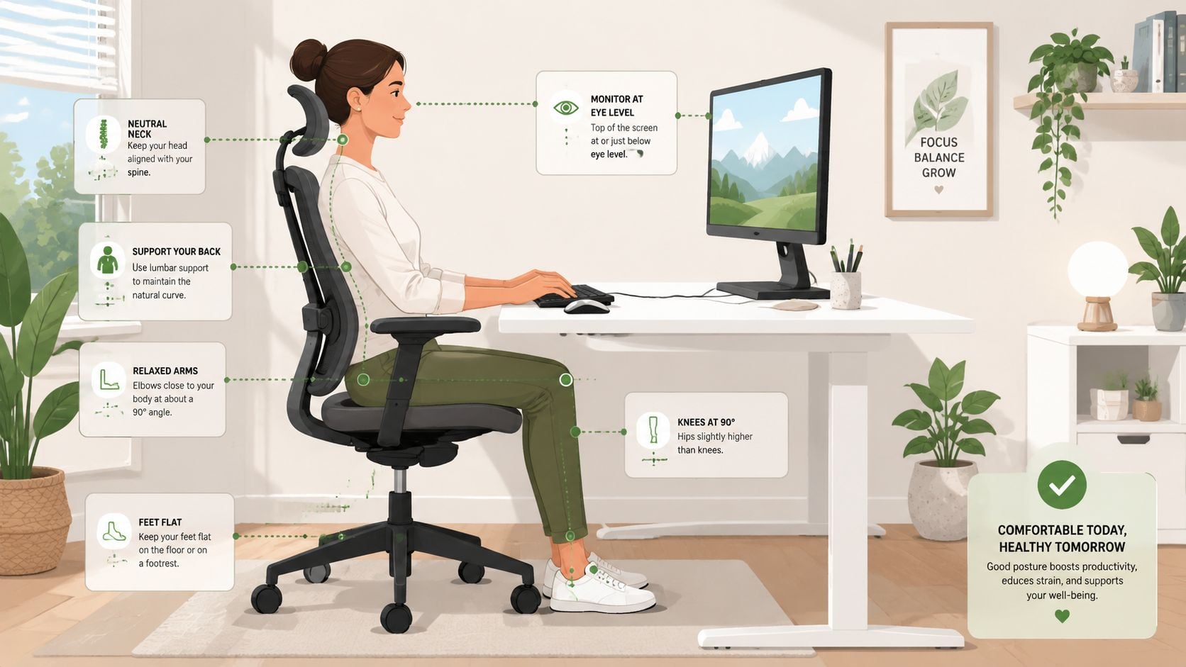 A woman sitting in an ergonomic chair at a white home office desk with proper posture tips.