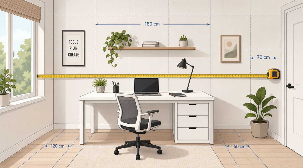 A modern home office setup featuring a white desk, ergonomic chair, wall shelf, and plant decorations.