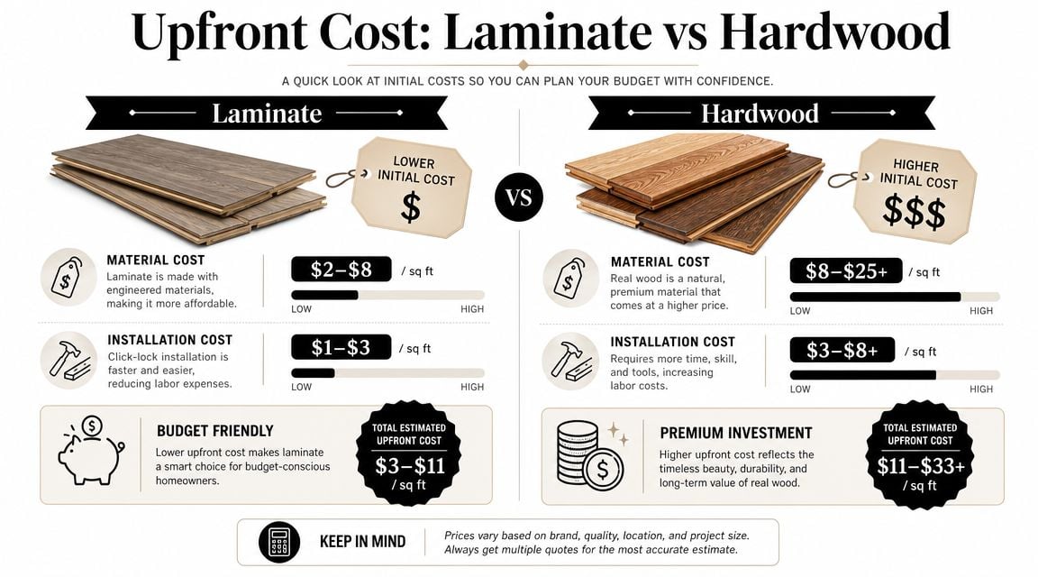 A comparison chart showing the upfront cost differences between laminate flooring and hardwood flooring per square foot.