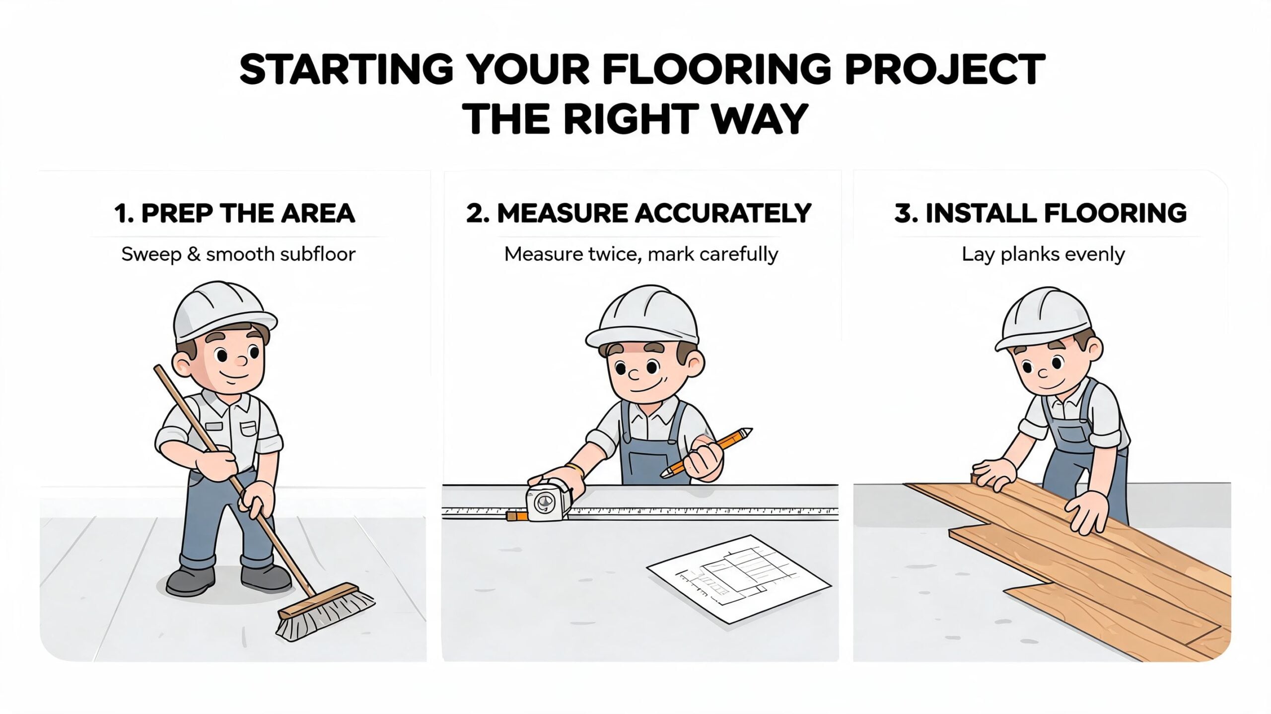 A cartoon illustration showing three steps for starting a flooring project: preparing, measuring, and installing planks.