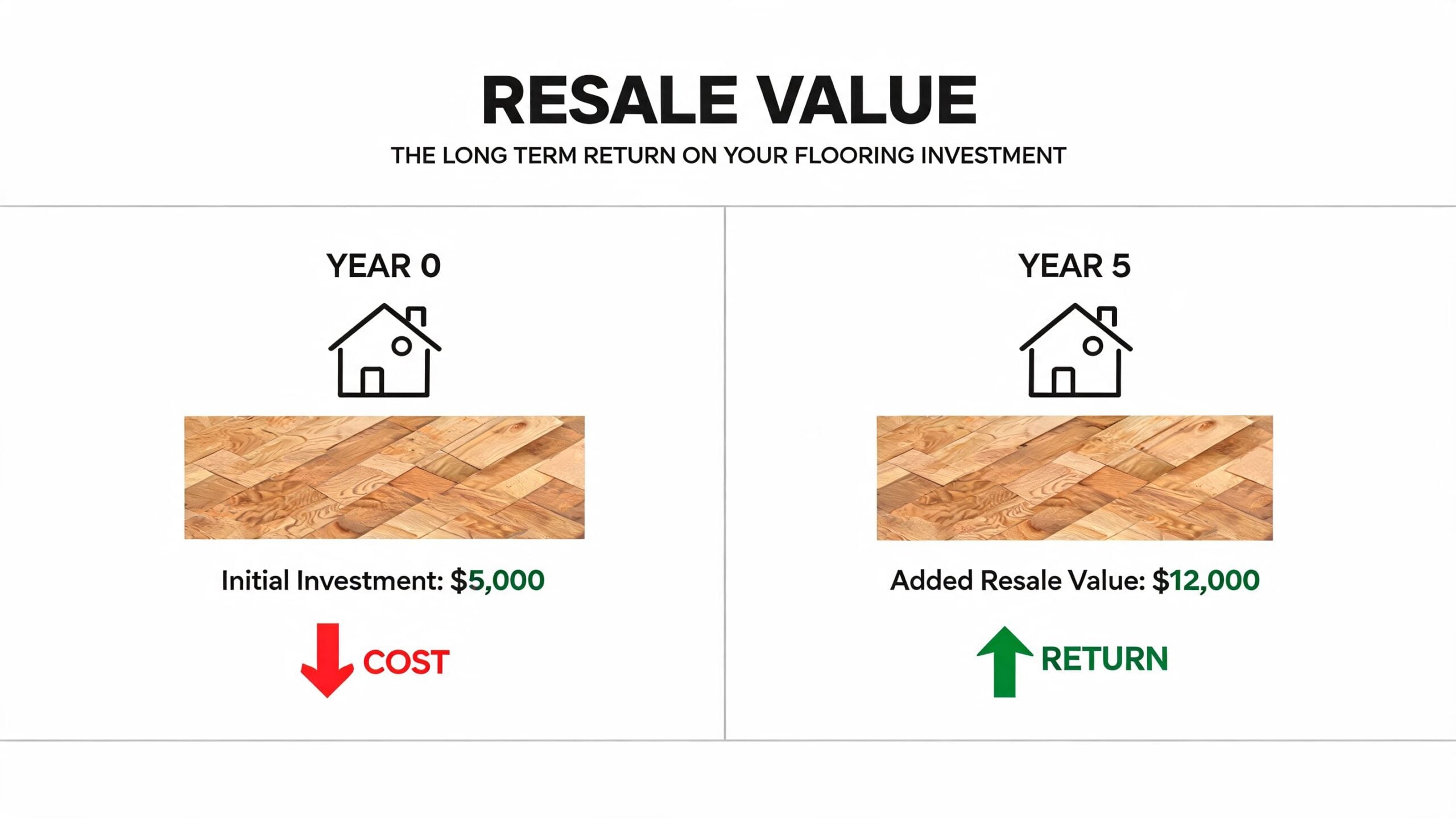 An infographic comparing initial hardwood flooring investment costs of $5,000 versus the $12,000 added resale value.