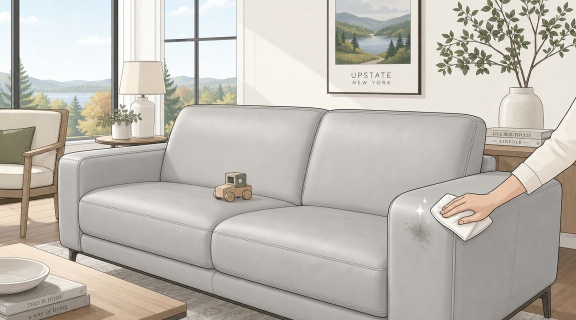 A hand cleaning a stain on a modern light gray leather sofa in a bright, cozy living room.