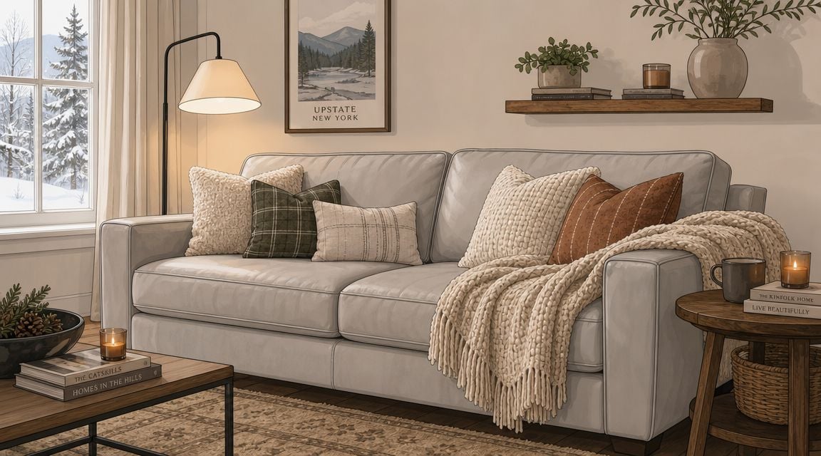 A cozy light gray leather sofa styled with textured pillows and a knitted throw blanket in a room.