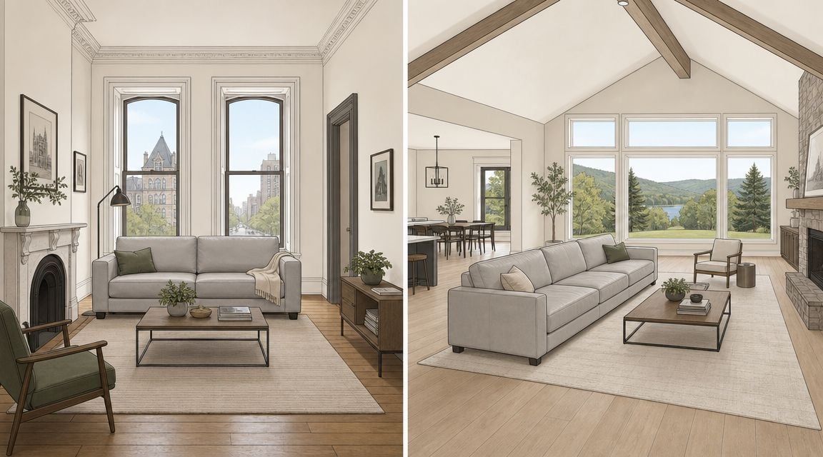 A split image showing two interior living room designs featuring a light gray leather sofa.
