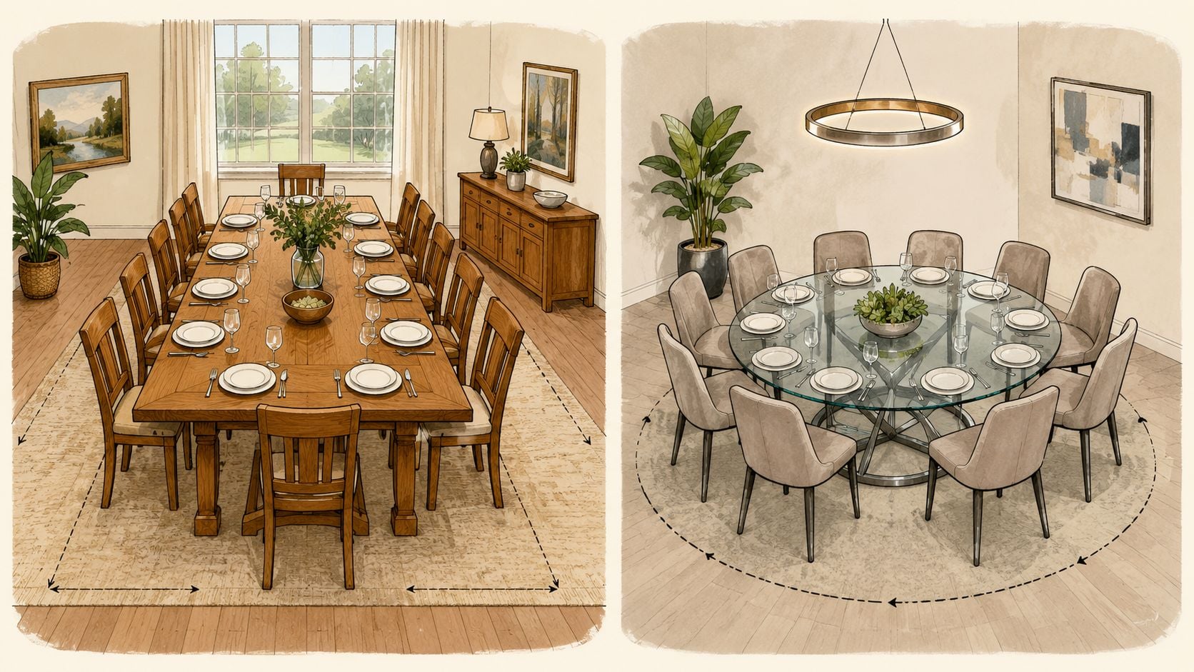 A side-by-side comparison illustrating rectangular and circular ten-chair dining room table layouts for home interior design.