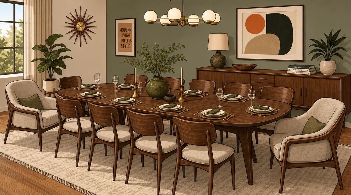 A elegant mid-century modern dining room featuring a ten chair dining table set on a neutral rug.