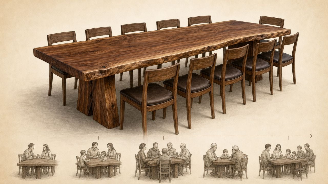A large, live-edge walnut dining table with many chairs, accompanied by illustrations of different family sizes.