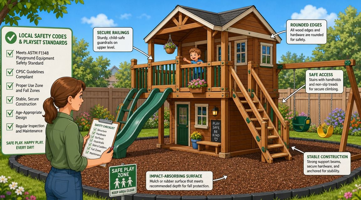 A safety inspector reviews a backyard two-story wooden playhouse, highlighting safety features like secure railings and surfacing.