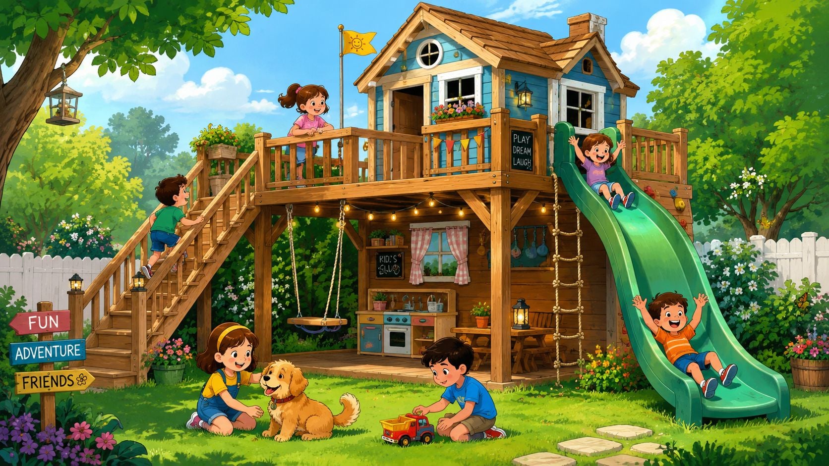 Children playing around a multi-level wooden backyard playhouse with a slide, swing set, and outdoor kitchen area.