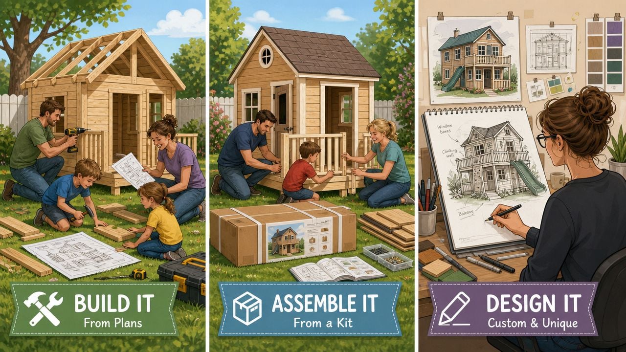 Three panels showing a family building, assembling, and designing a two-story wooden playhouse for children.