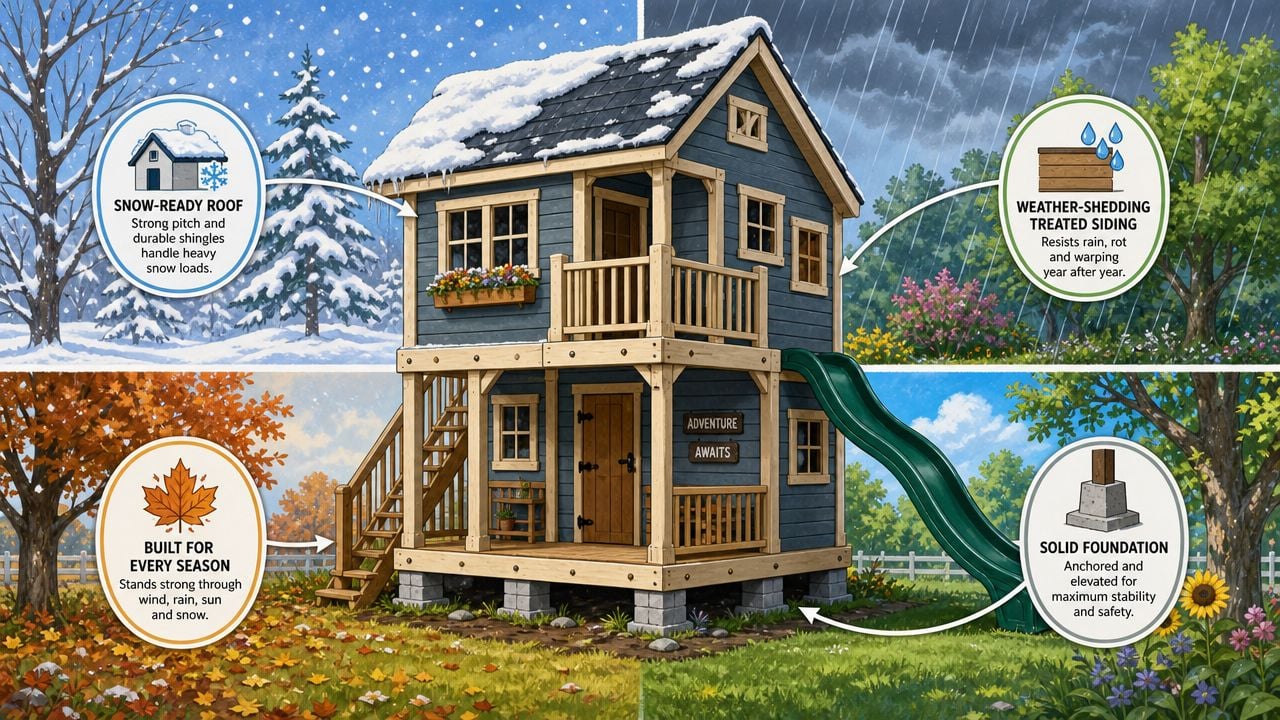A durable two-story wooden playhouse with a slide designed for all-season outdoor play in a garden.