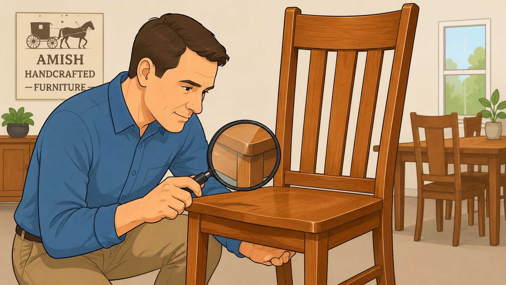 A man carefully inspecting the wood grain of a handcrafted chair with a magnifying glass.