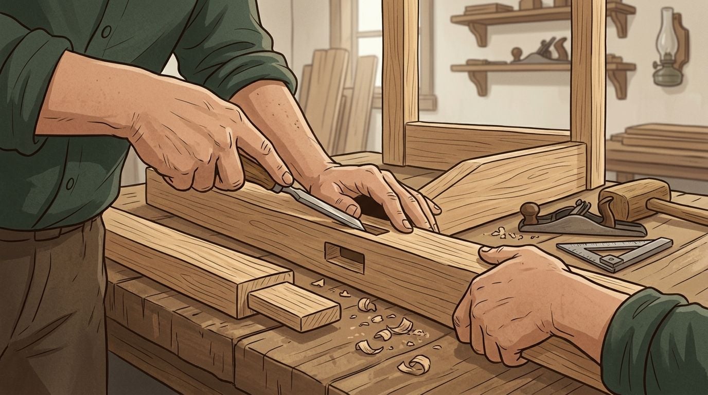 A skilled carpenter carving a mortise into a wooden beam with a chisel in an Amish workshop.