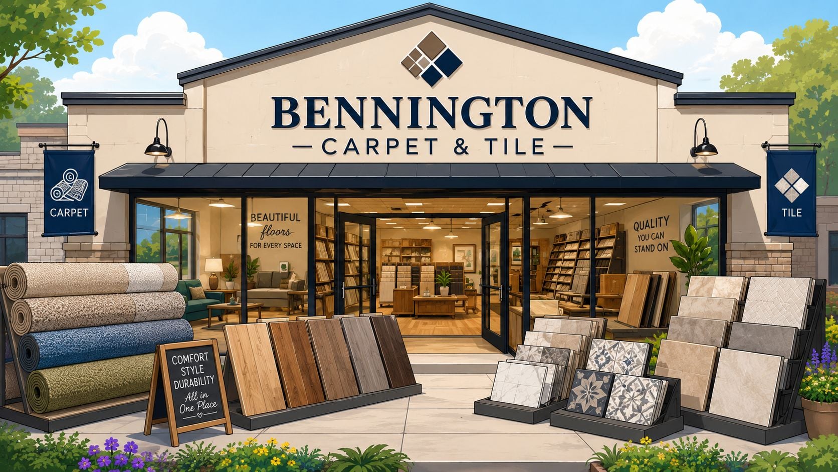 Storefront of Bennington Carpet & Tile displaying various flooring samples like carpet rolls and ceramic tiles.
