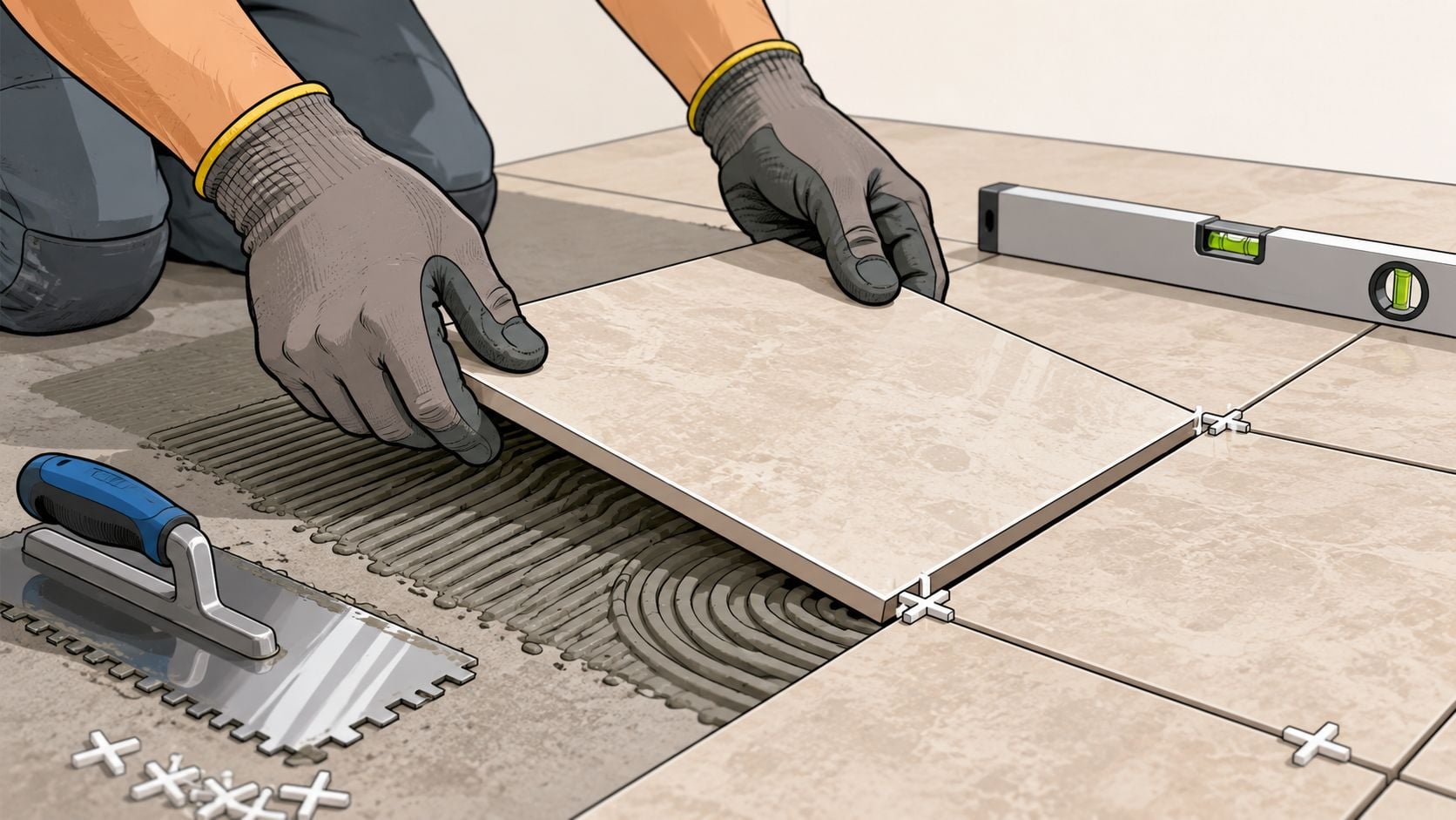 A professional construction worker laying a tile on a fresh layer of adhesive mortar on a floor.