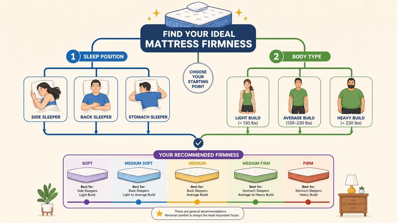An infographic guiding users to choose the ideal mattress firmness based on sleep position and body type.