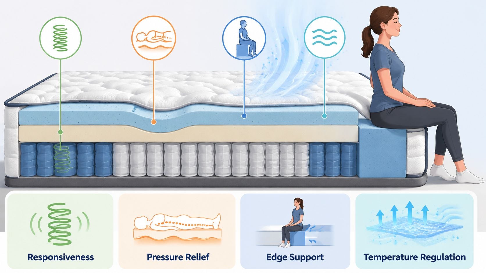 A cross-section illustration of a multi-layer mattress demonstrating responsiveness, pressure relief, edge support, and temperature regulation features.
