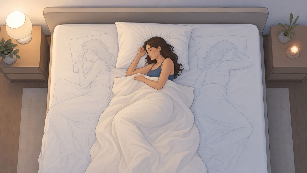 A top-down view of a woman peacefully sleeping in the center of a spacious, comfortable bed.