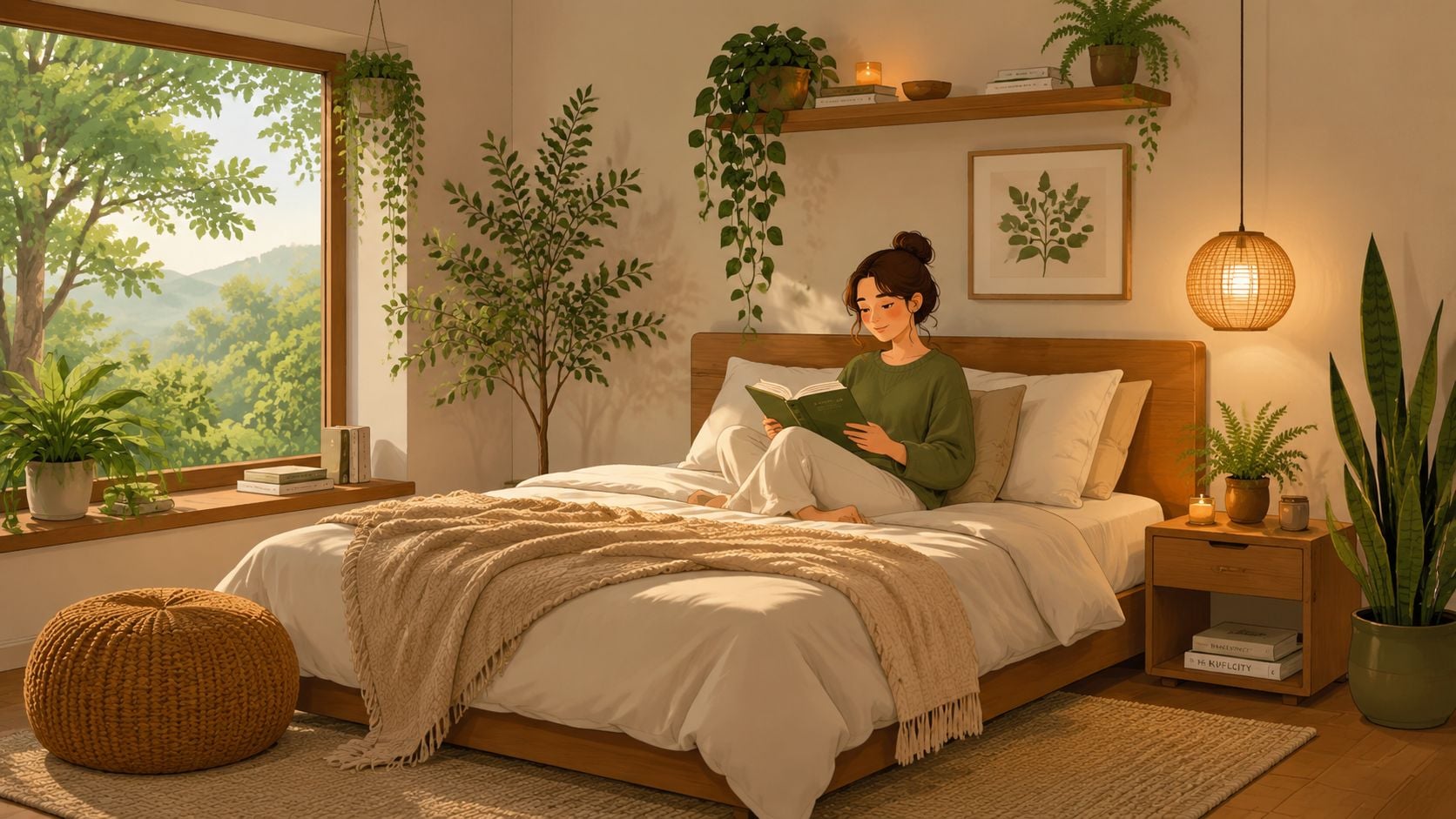 A woman reading a book in a cozy, sunlit biophilic bedroom filled with indoor plants and warm lighting.